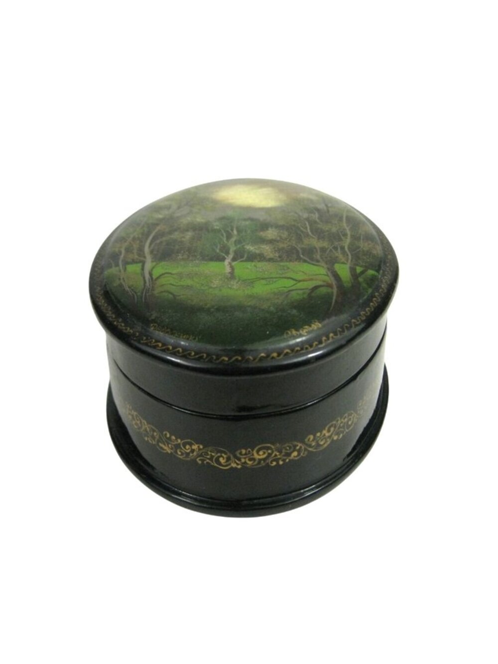 Hand Painted Fedoskino Russian Lacquer Box Oval Forest Moon Vintage Moonlight